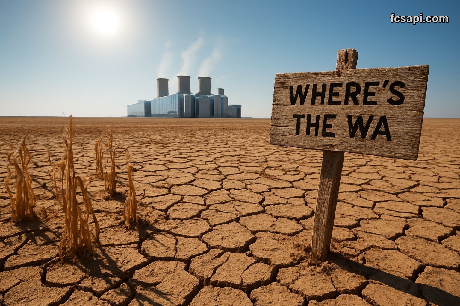 Dry cracked earth, wilting crops, futuristic data center, "WHERE'S THE WATER?" sign.