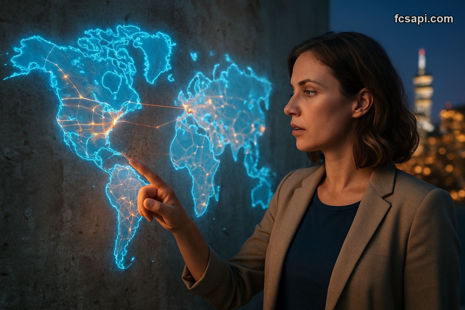 Woman pointing at a glowing AI power demand map, 2026