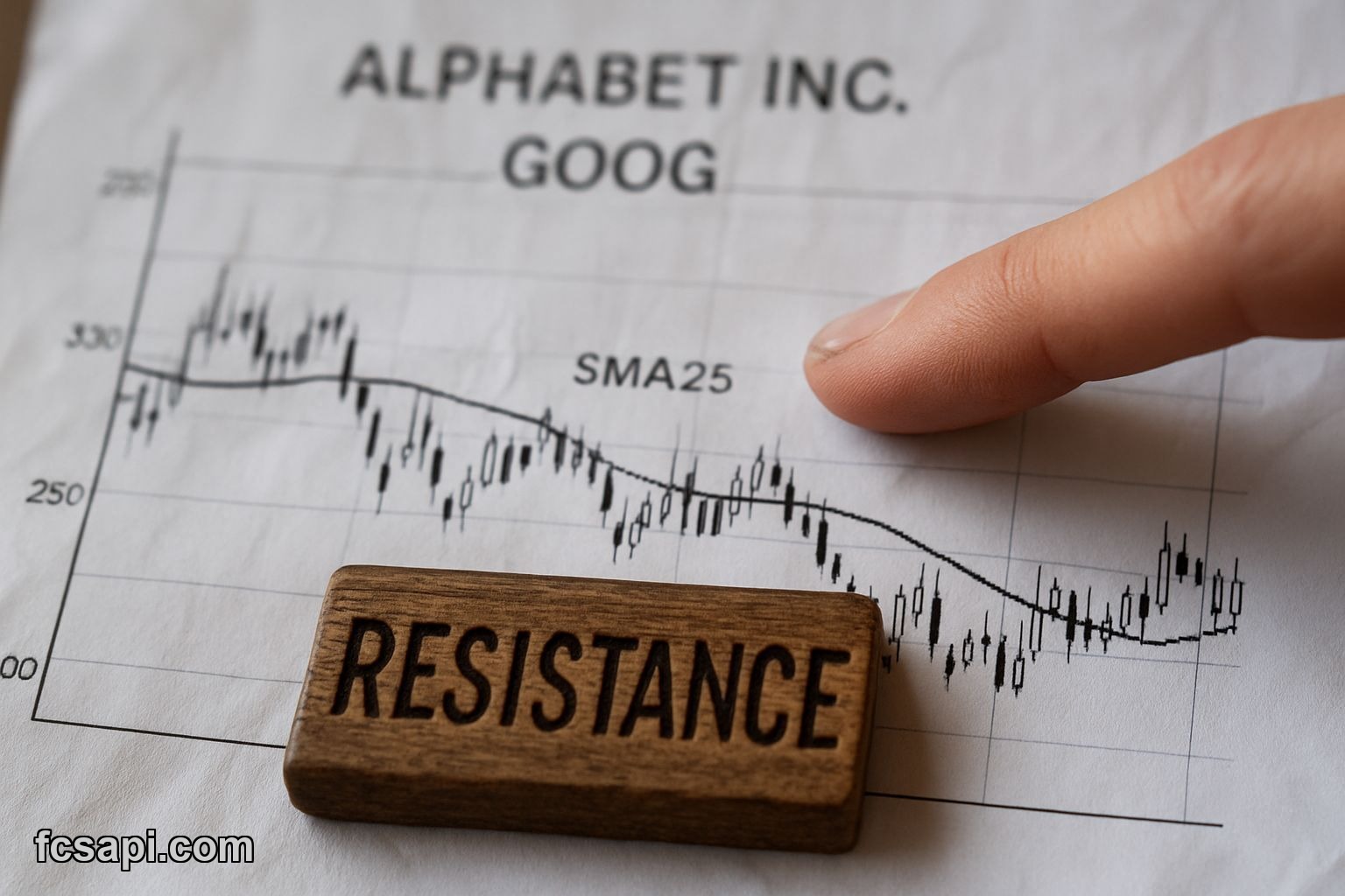 Person pointing at Alphabet Inc. chart resistance.