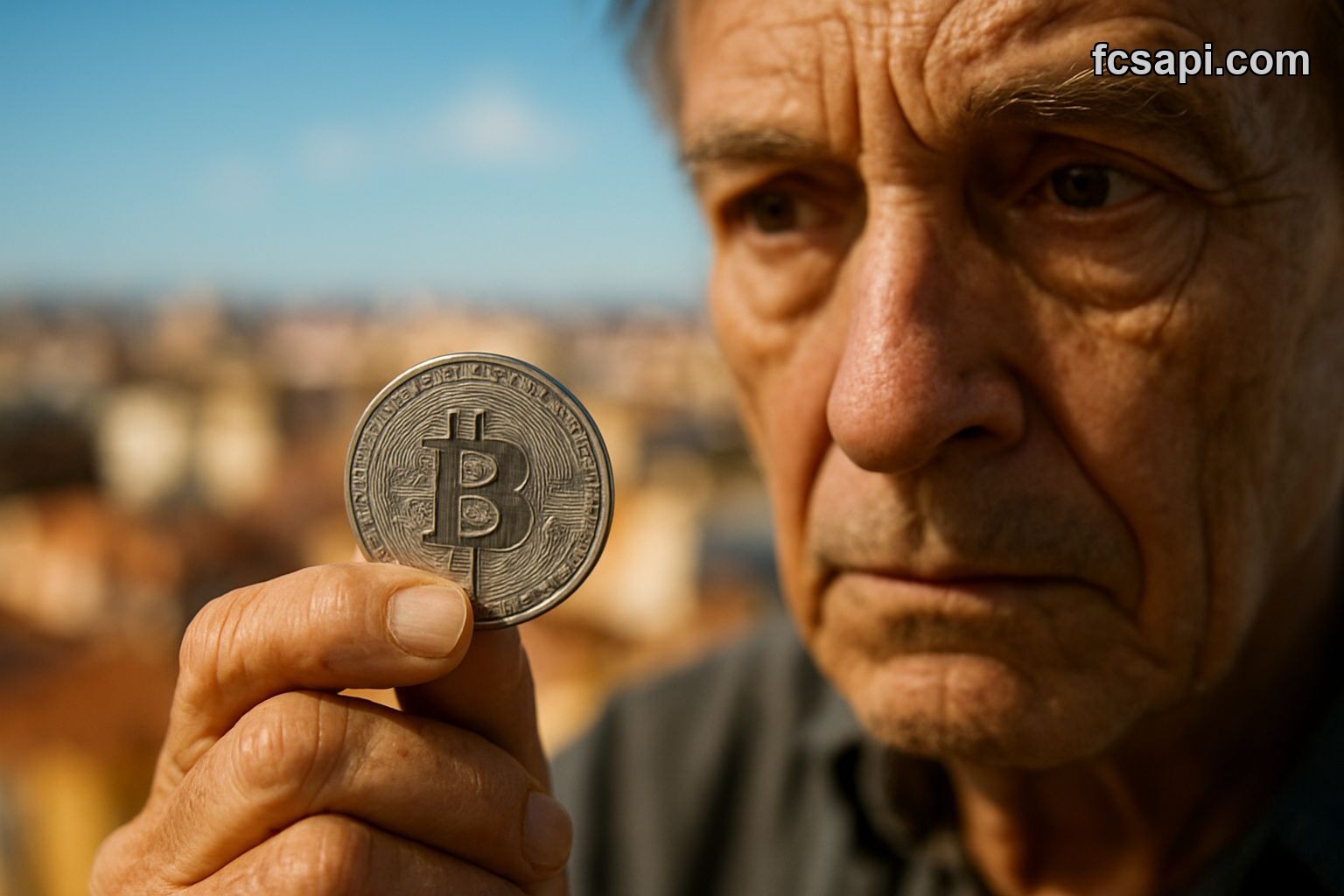 Hand holding Bitcoin coin, concerned expression, city skyline background, "WHAT NOW?" text.