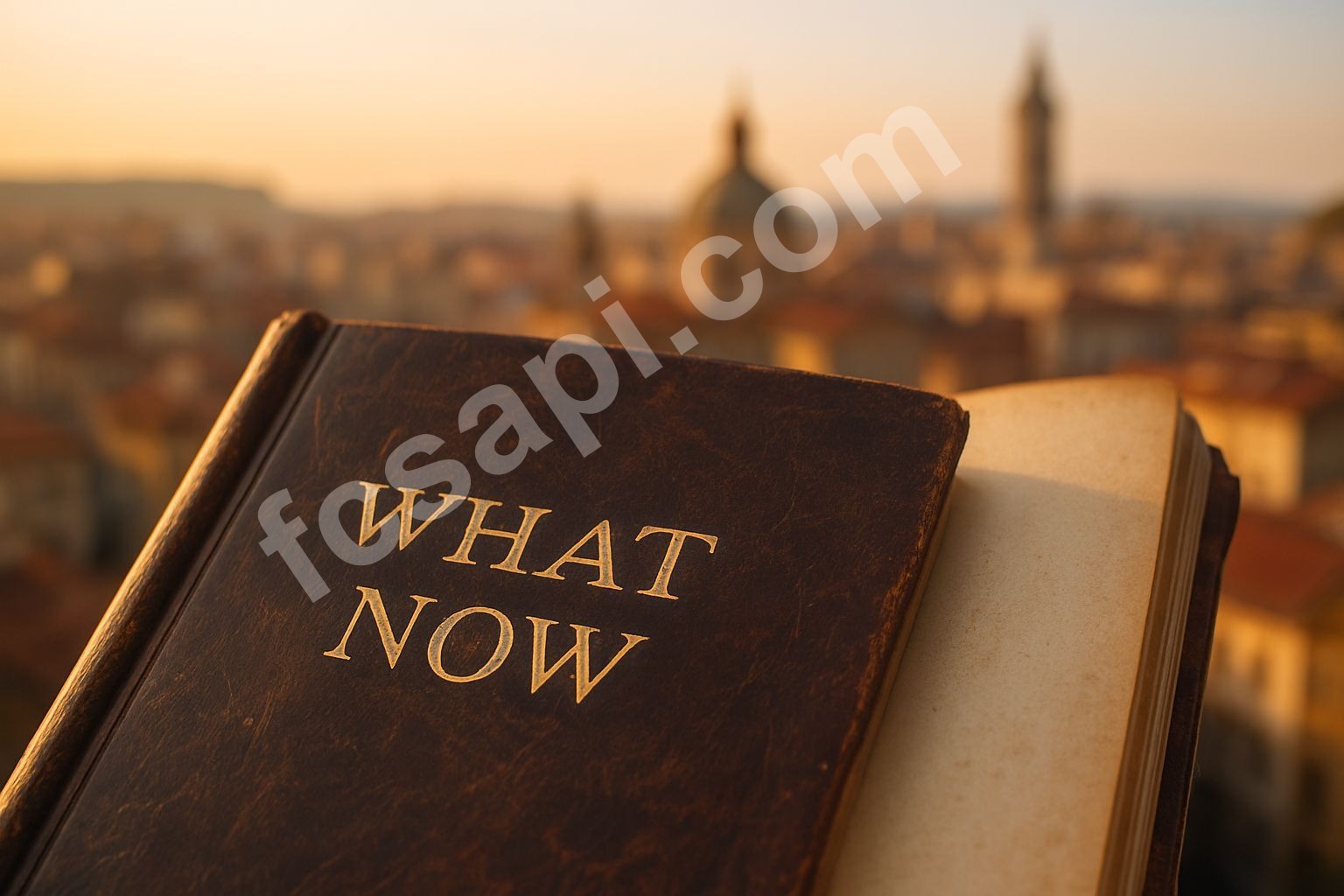 Worn journal open to "WHAT NOW?" against city skyline.
