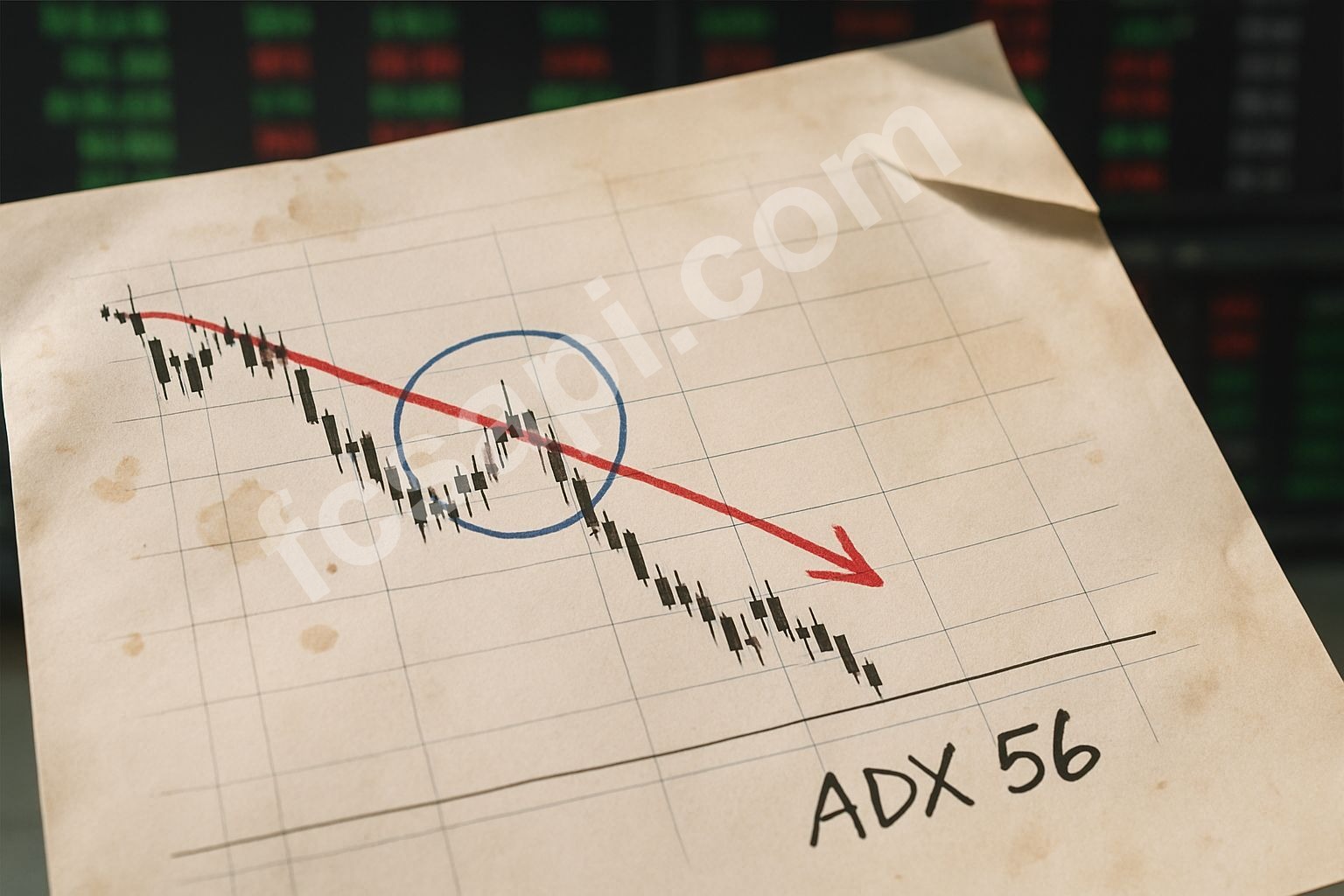 ADX indicator circled on printed Bitcoin chart analysis
