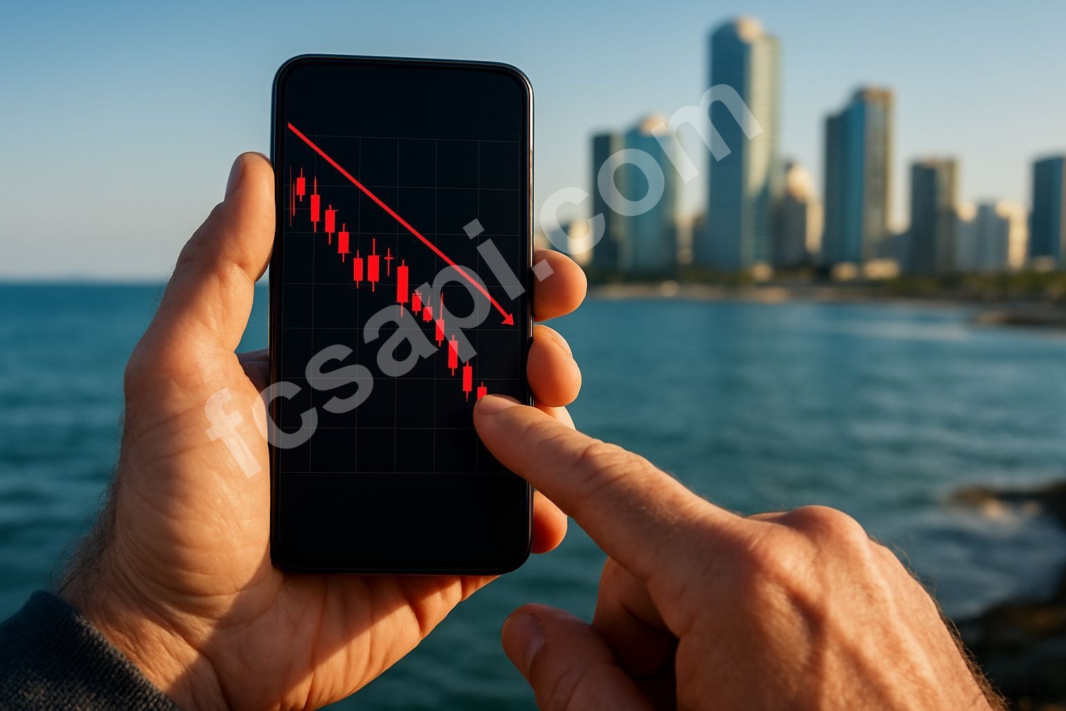 Bitcoin price analysis showing sell signal on phone screen