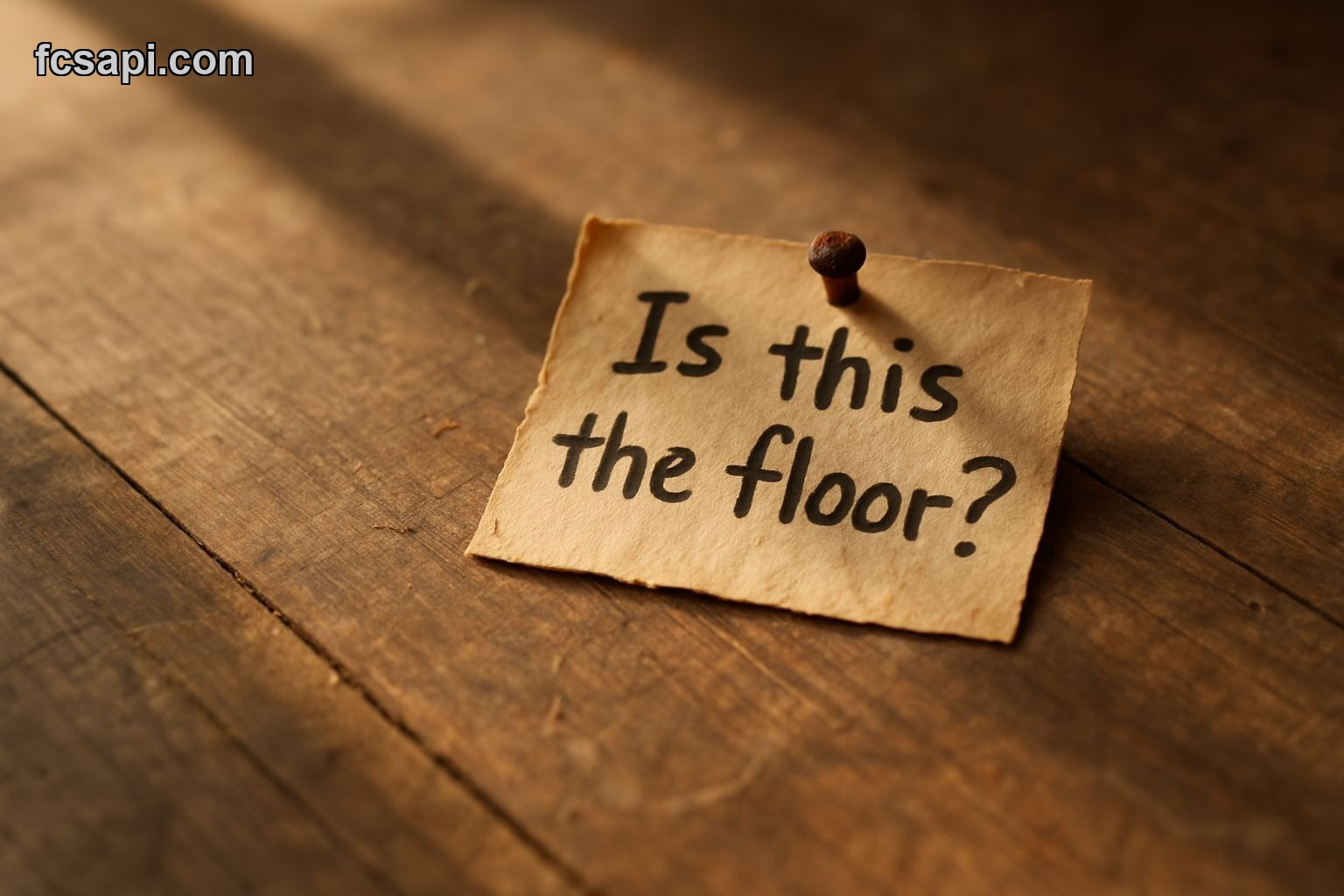 Handwritten note on old paper asking "Is this the floor?" on a wooden table.
