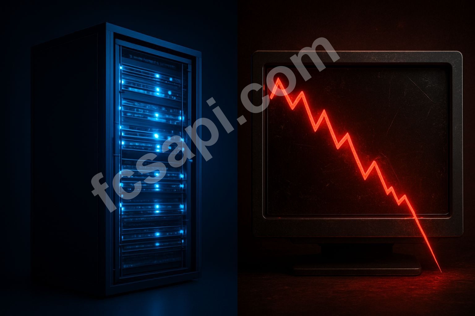 Contrast: Sleek AI servers next to a sharply plunging red stock chart.
