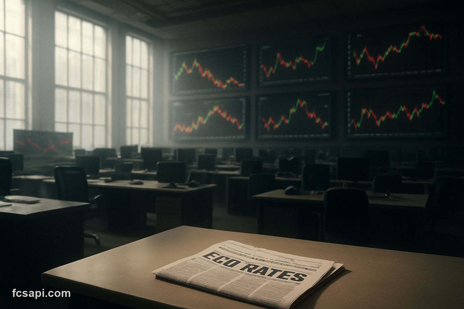 Empty trading floor, screens showing volatile market reactions