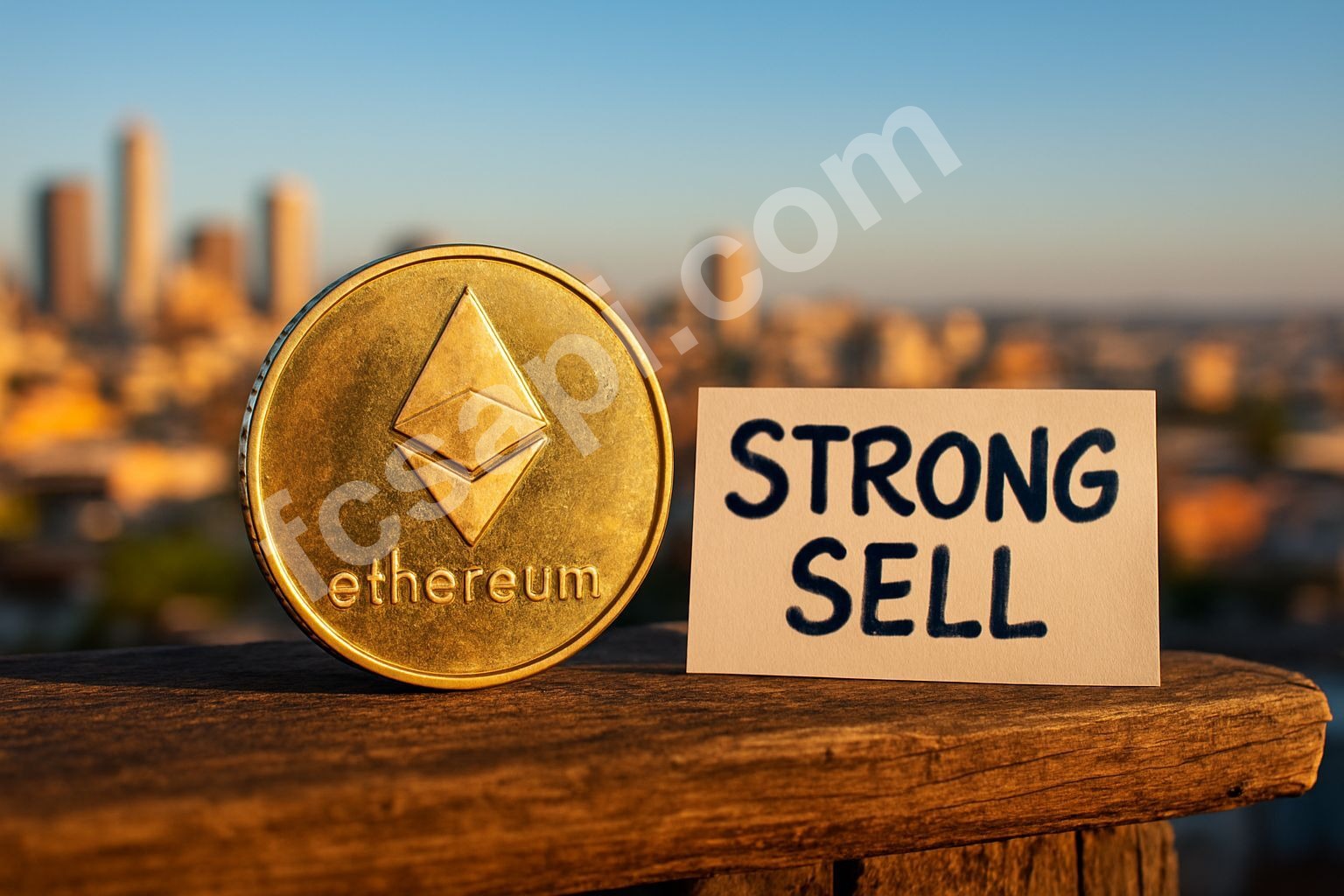 Ethereum coin on wood with city background and Strong Sell text.