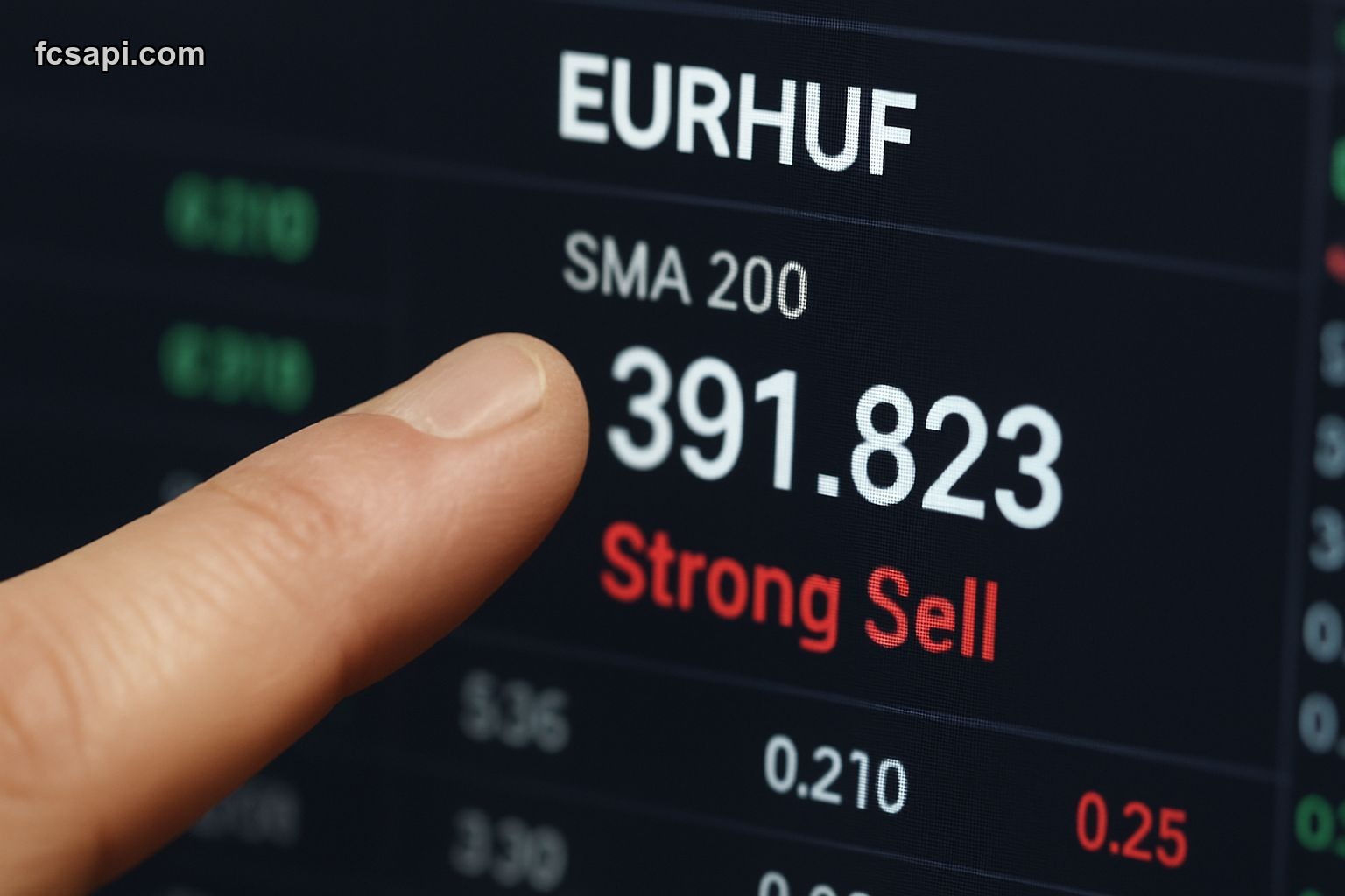 Finger pointing at EUR/HUF SMA 200 data on screen.
