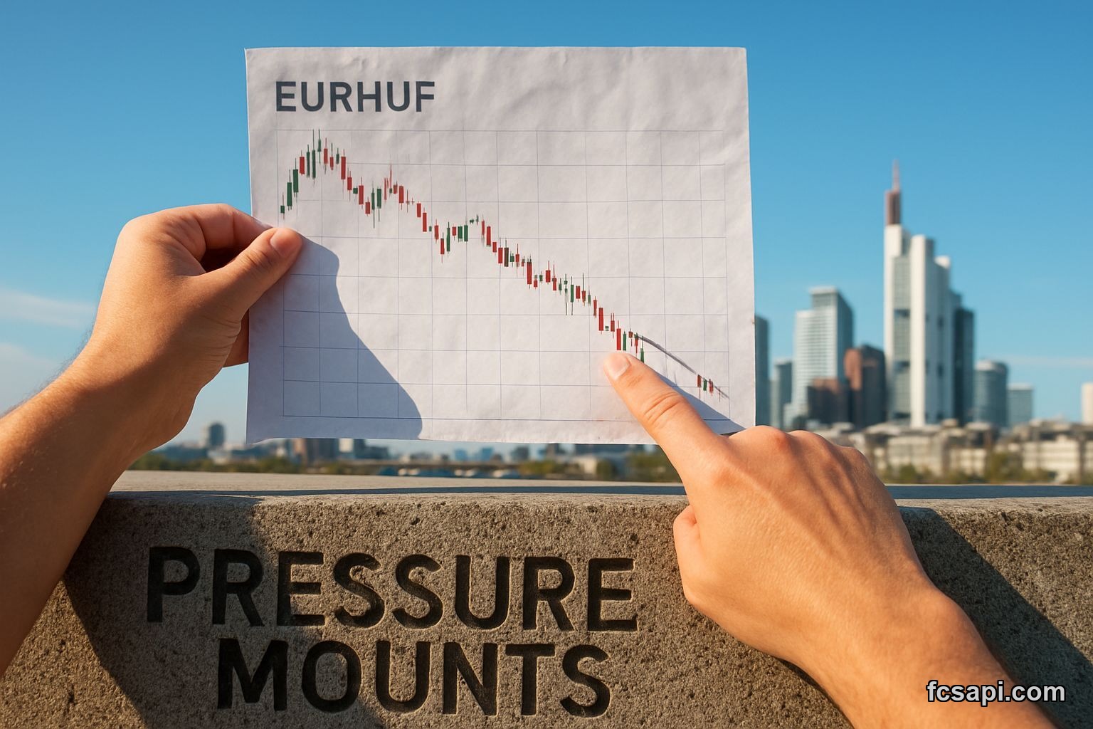 Person's hands pointing at a printed EUR/HUF chart with a city skyline background.