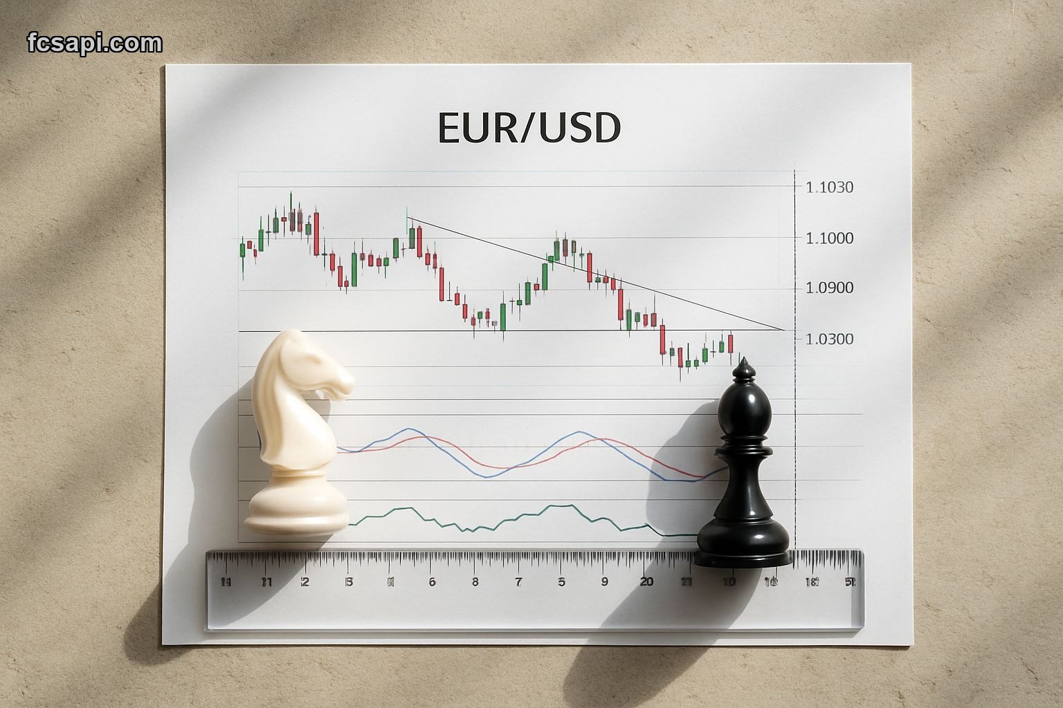 Top-down flat lay of forex chart with chess pieces
