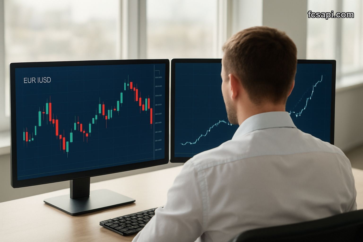 Trader analyzing conflicting EURUSD charts on dual monitors