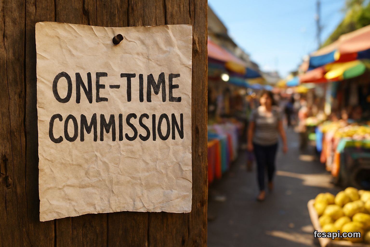 Worn paper with "One-Time Commission?" text on a wooden wall overlooking a bustling street market.