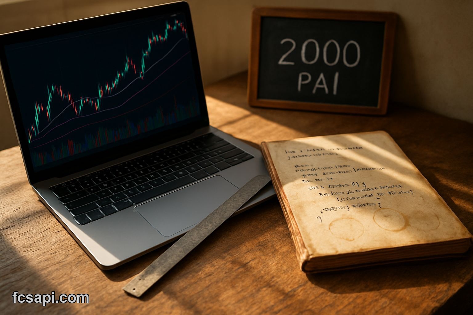 FCS API forex trading setup with laptop charts and code notebook 2026