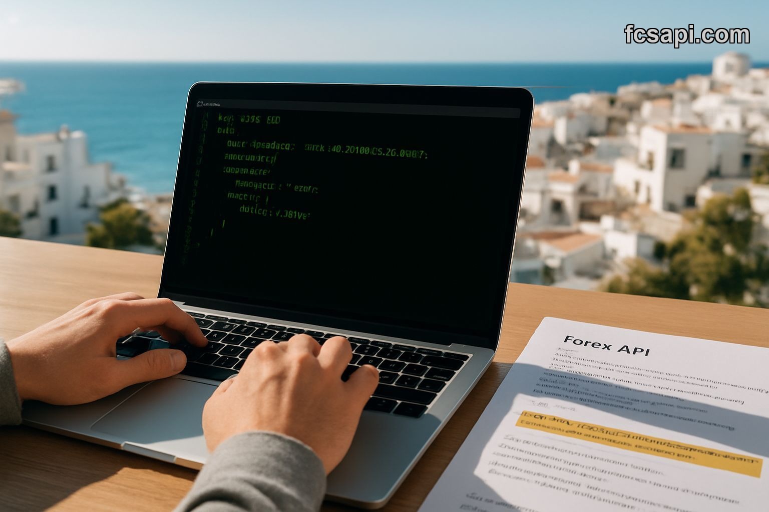 Developer using FCS API for live forex data on laptop by ocean