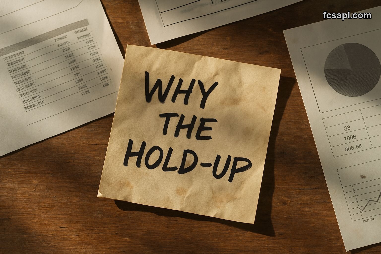 Worn desk, handwritten note "WHY THE HOLD-UP?", GBP/JPY price confusion.