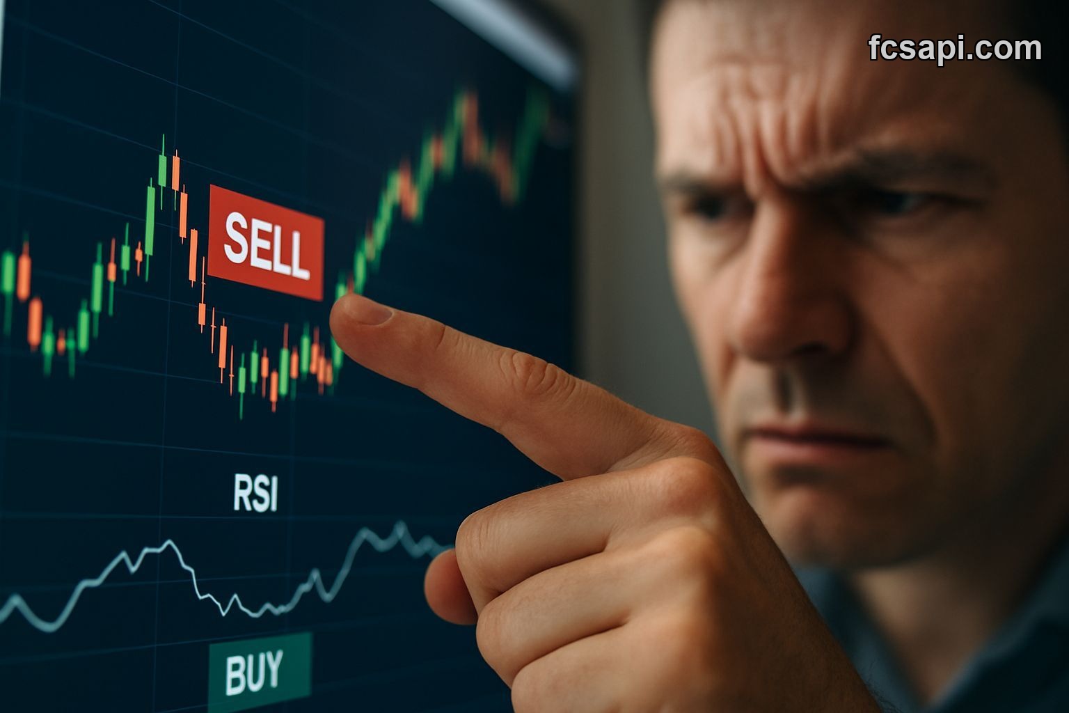 Hand pointing at conflicting 'RSI Sell' on a gold chart.