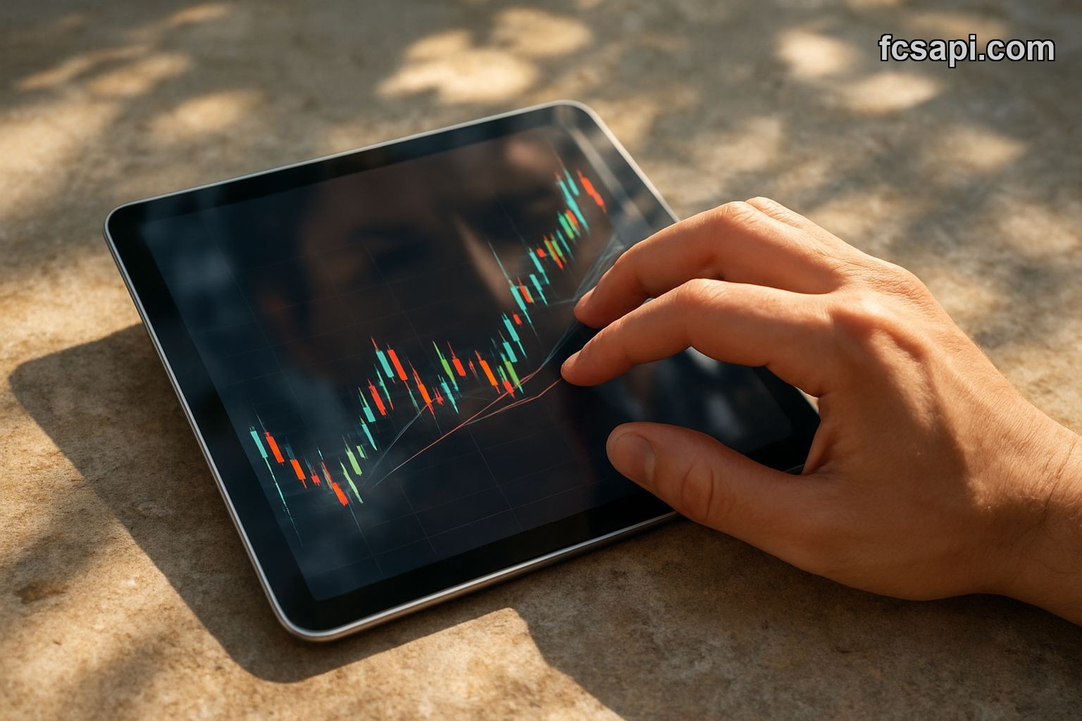 Hand tapping financial data charts on a tablet in sunlight.
