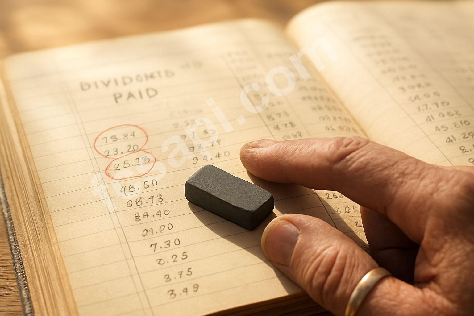 Man points at 4.5% dividend yield on ledger.