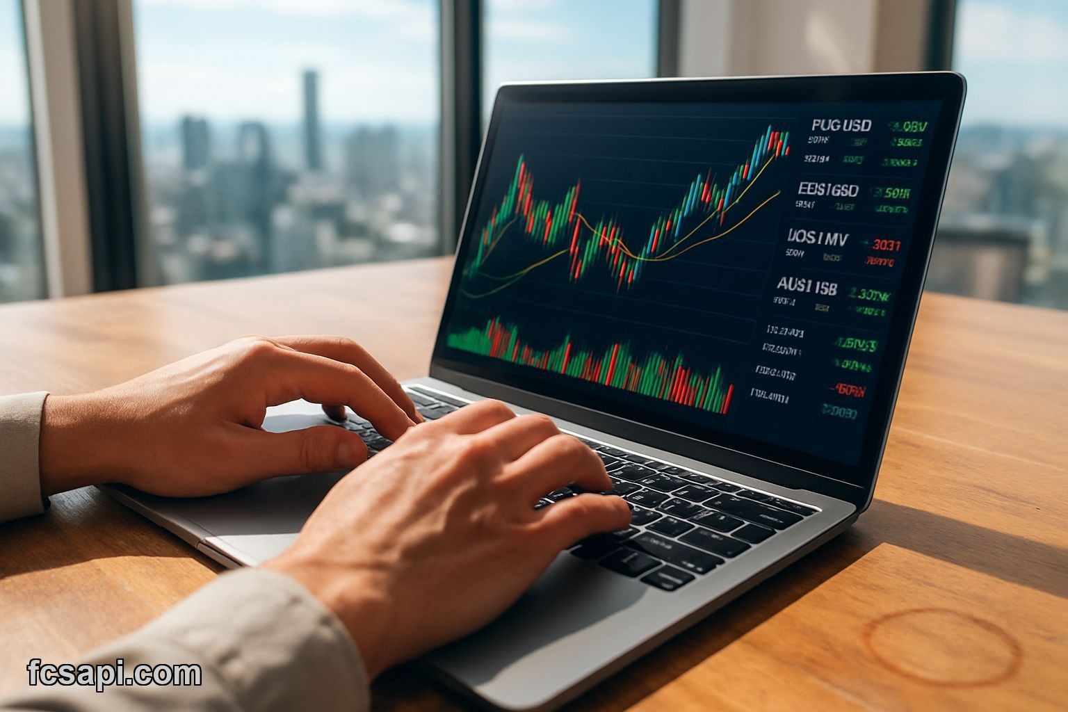 Developer building forex dashboard with live API data on laptop