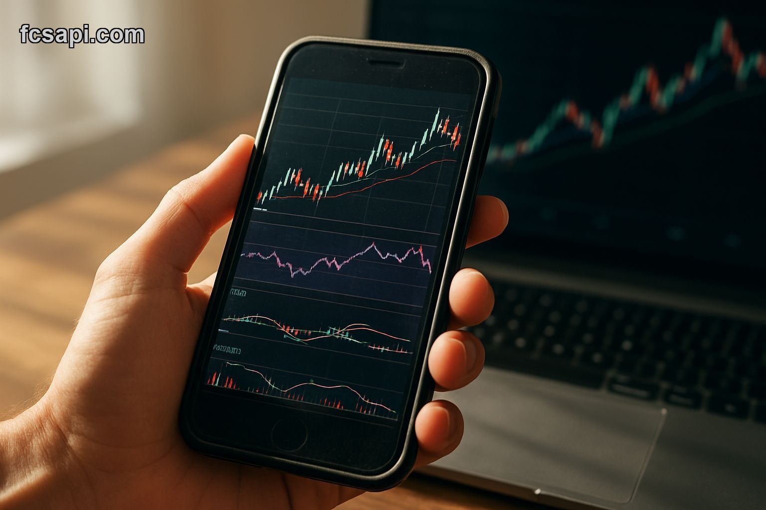 Trading app technical indicators on smartphone with FCS API data display
