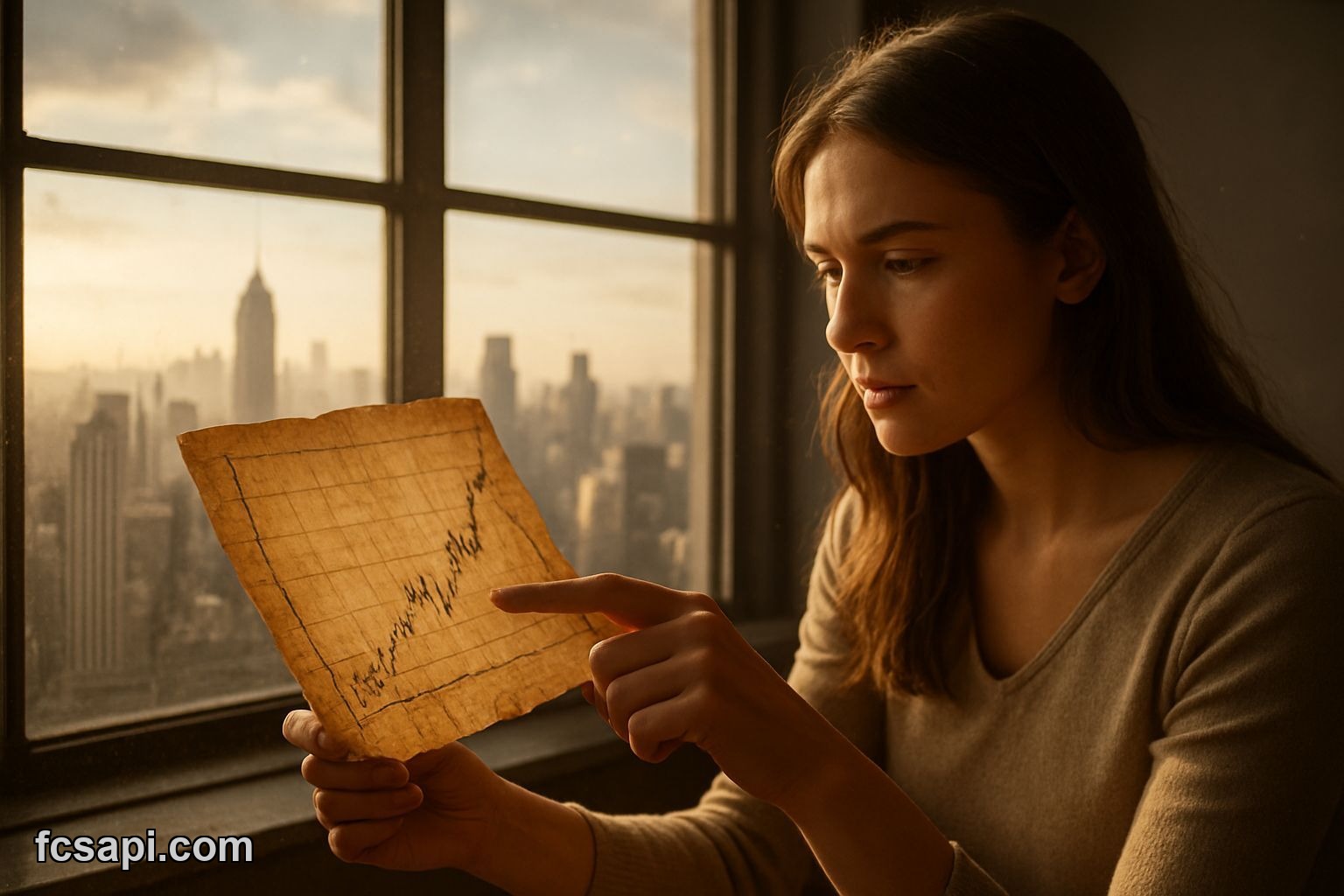 Woman studying crypto chart, "Resistance Awaits!", New York skyline.