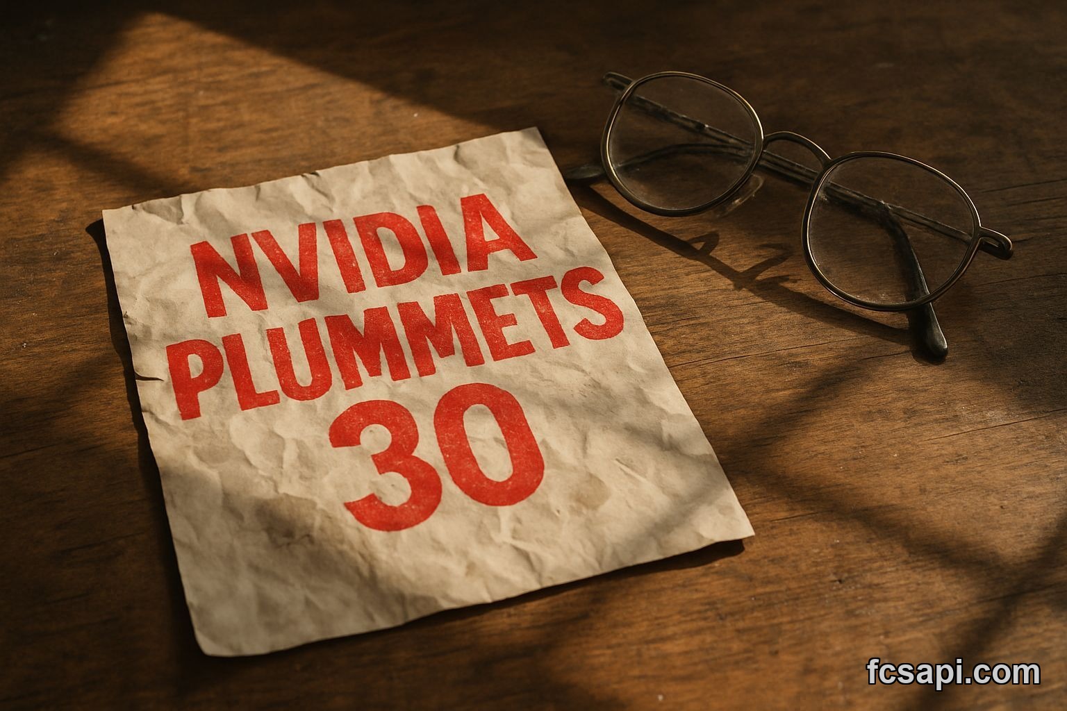 Crumpled newspaper with "NVIDIA Plummets 30%" headline, 2026 stock crash.