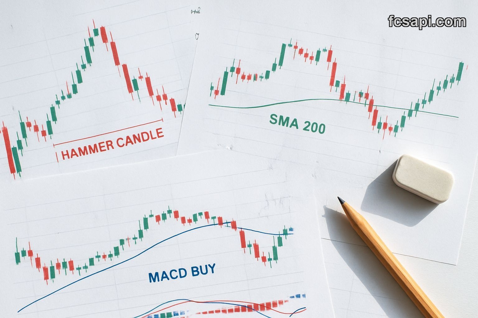 Flat lay of crypto charts with conflicting hammer candle and SMA 200 signals.