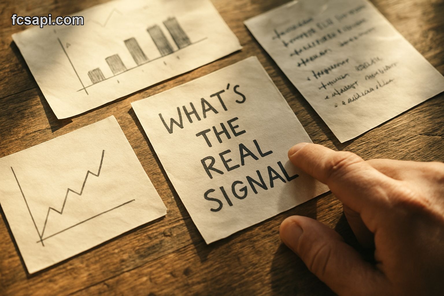 Person's hand pointing at crypto market charts and notes, asking about real signals.