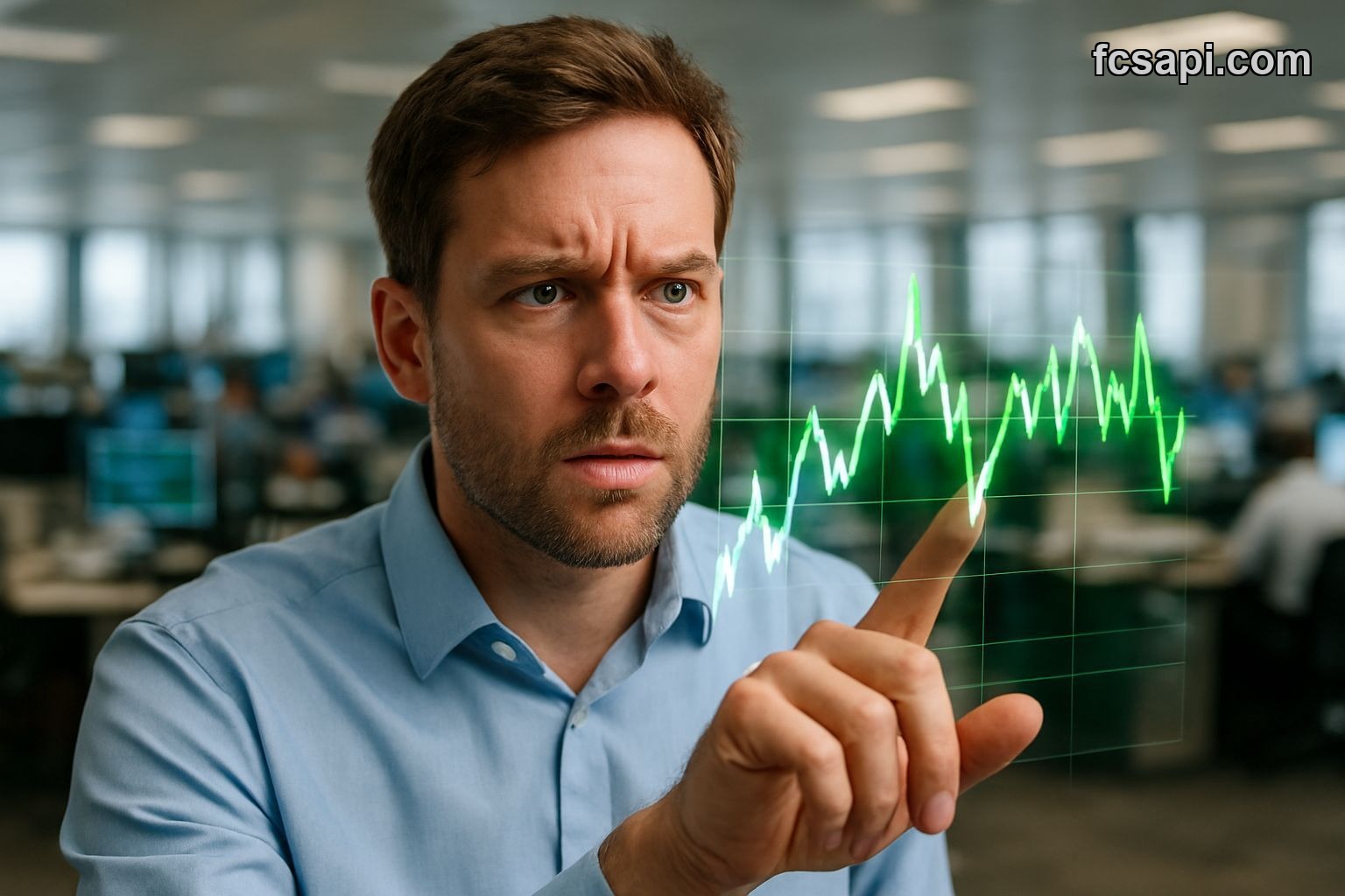 Trader intensely looking at a volatile crypto market graph.