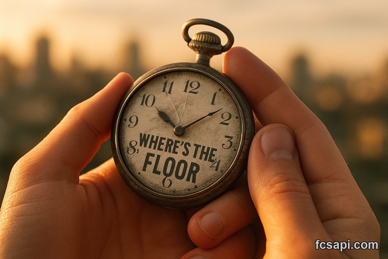Person holding cracked pocket watch with "WHERE'S THE FLOOR?" etched, showing Rehypothecated Crypto Market Cap, $ risk.
