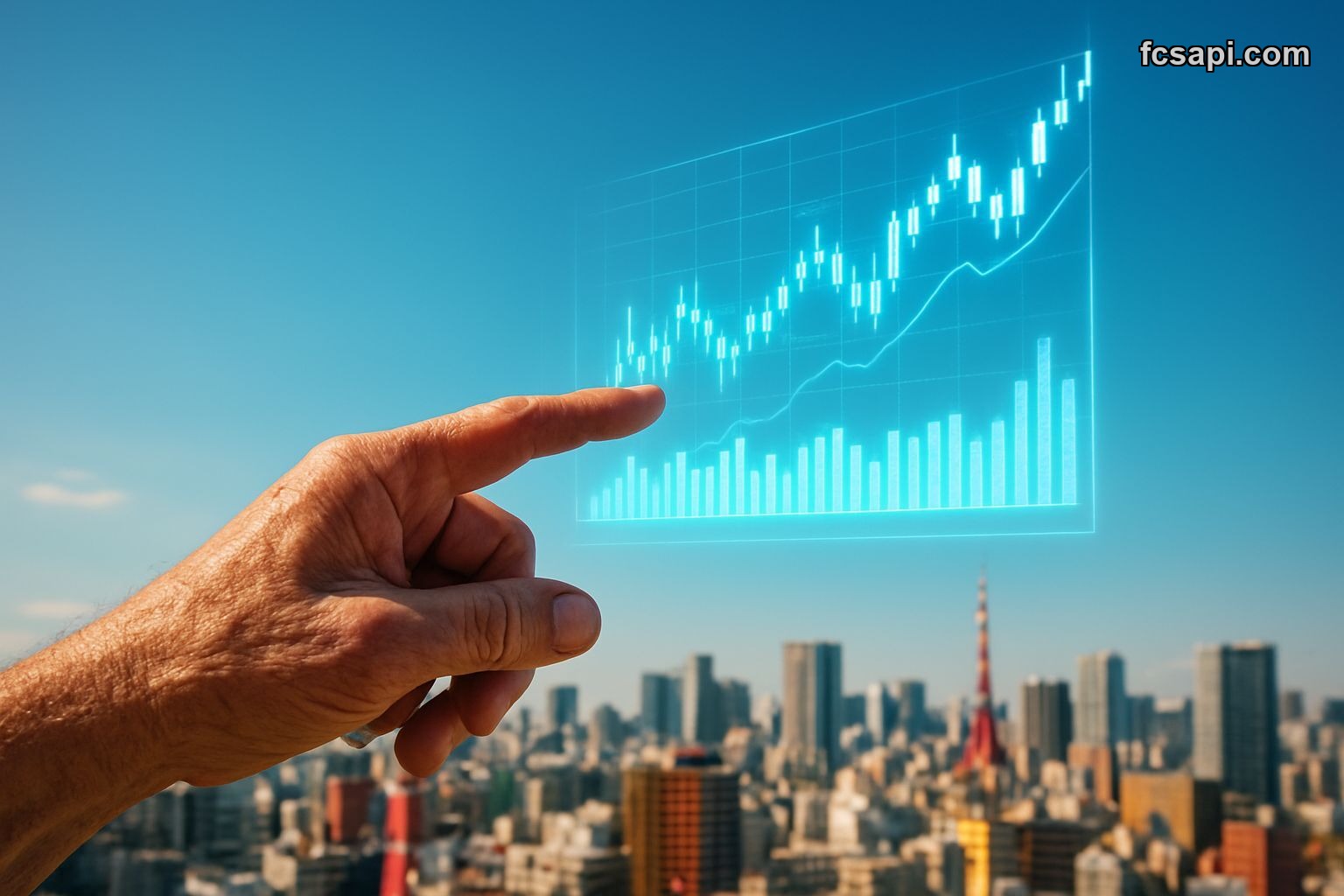 Hand pointing at holographic crypto charts with "TRUST THE CHARTS" text.