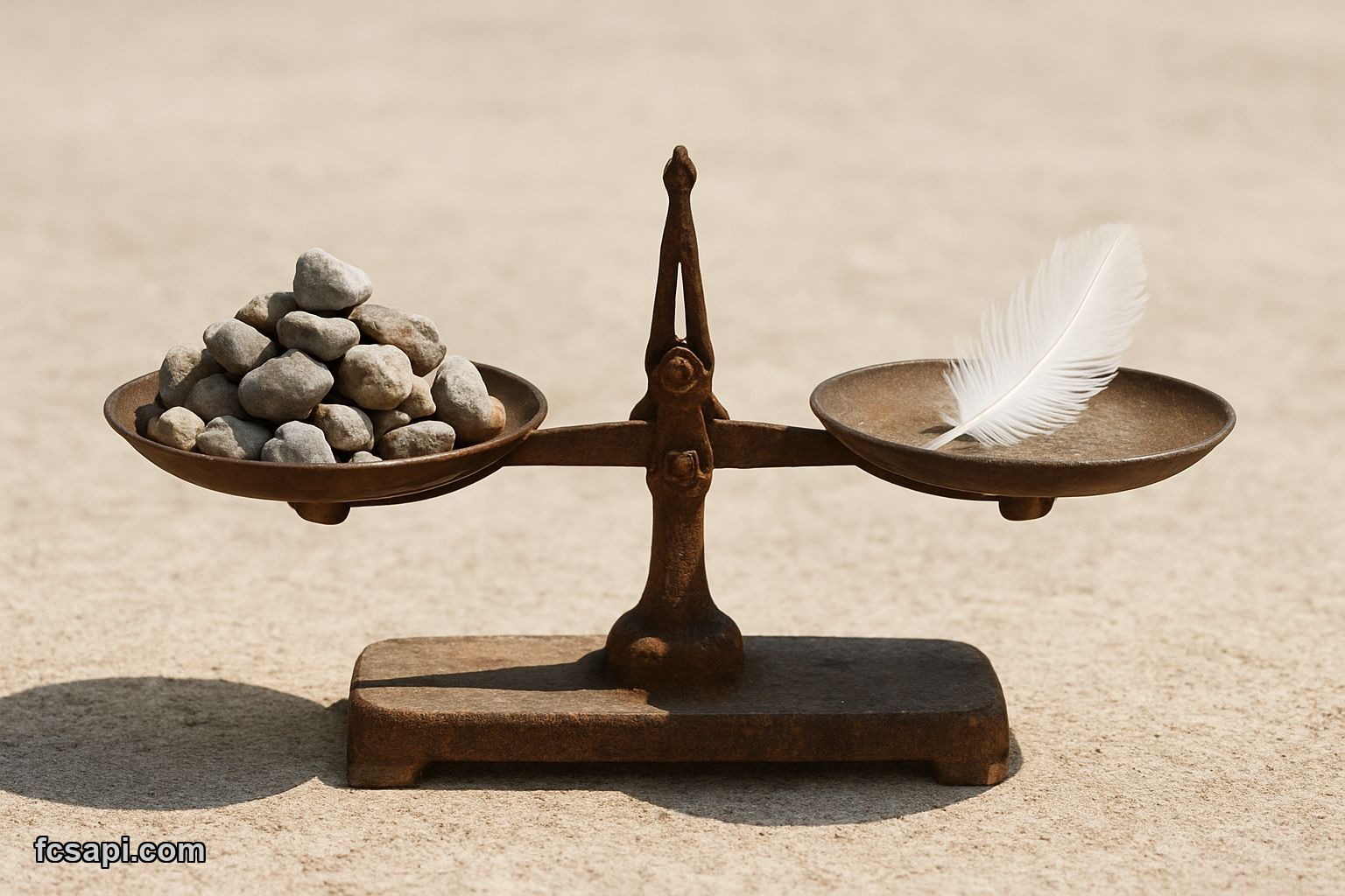 Unbalanced scales showing heavy weight against a light feather.