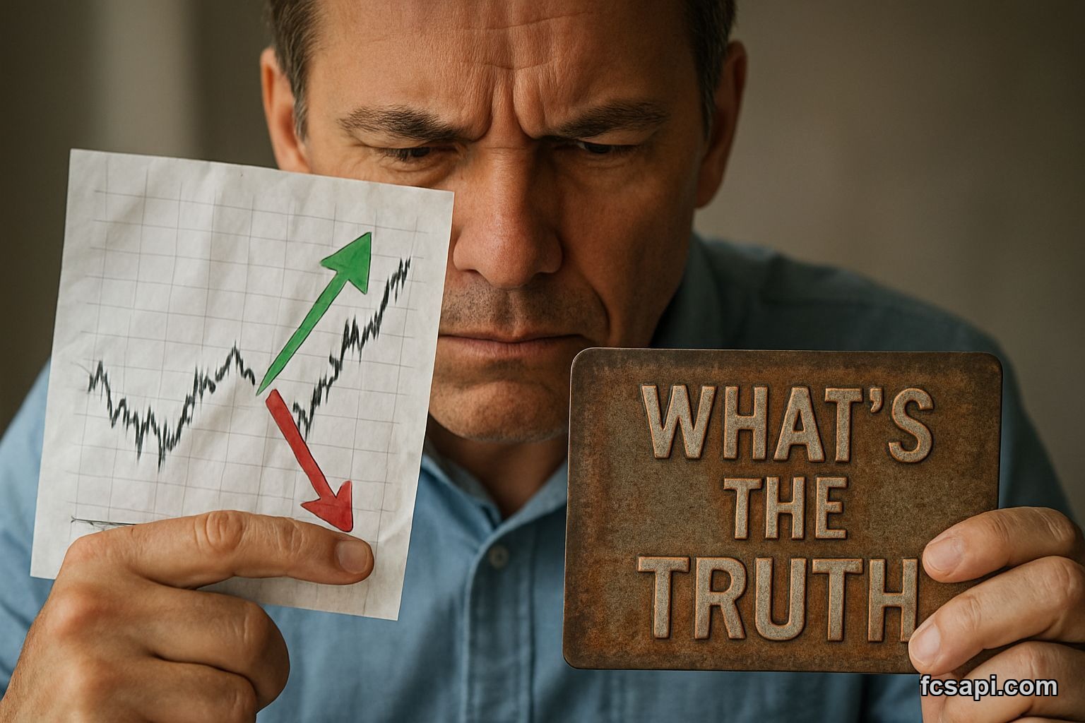 Forex trader pointing at conflicting green up and red down arrows.