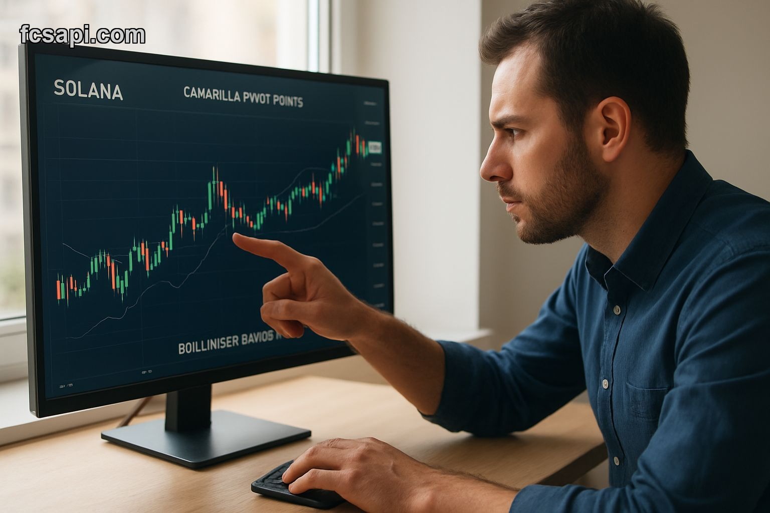 Trader analyzing Solana charts with pivot points and Bollinger Bands.
