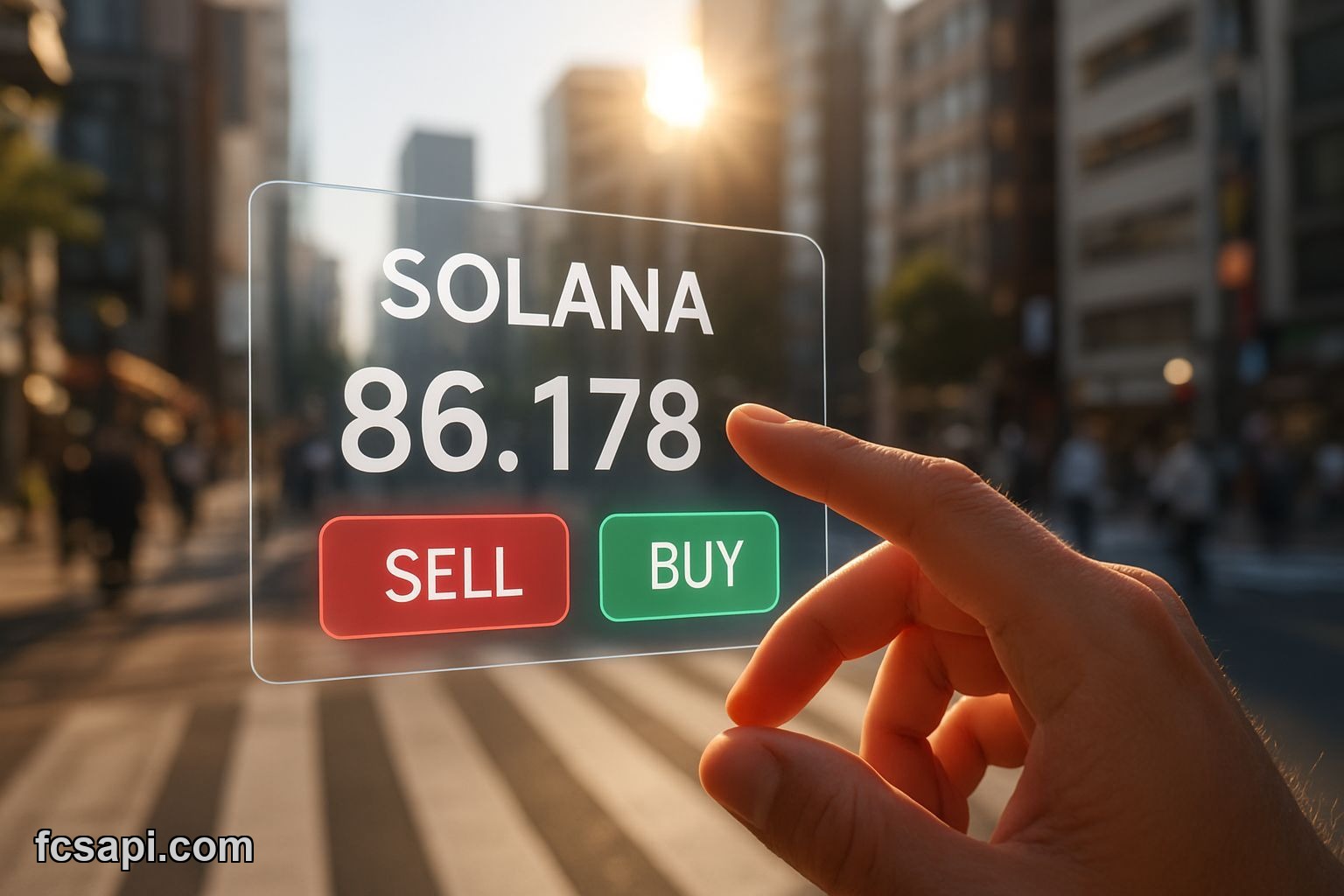 Human hand touching Solana market data interface in Tokyo.