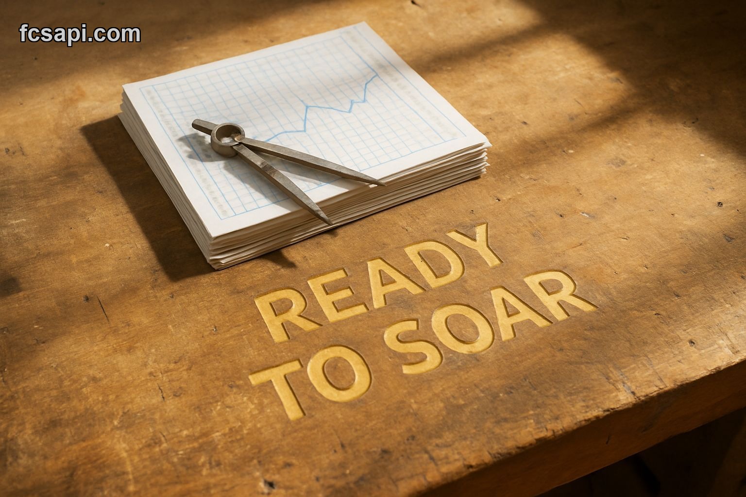 Worn wooden workbench with carved text "READY TO SOAR?" and Tesla, Inc. charts.