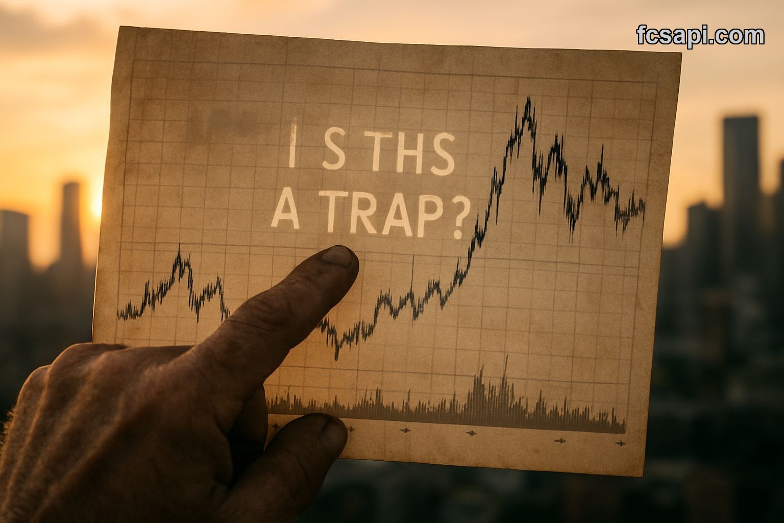 Hand pointing at crypto chart, "Is this a trap?" etched on glass.
