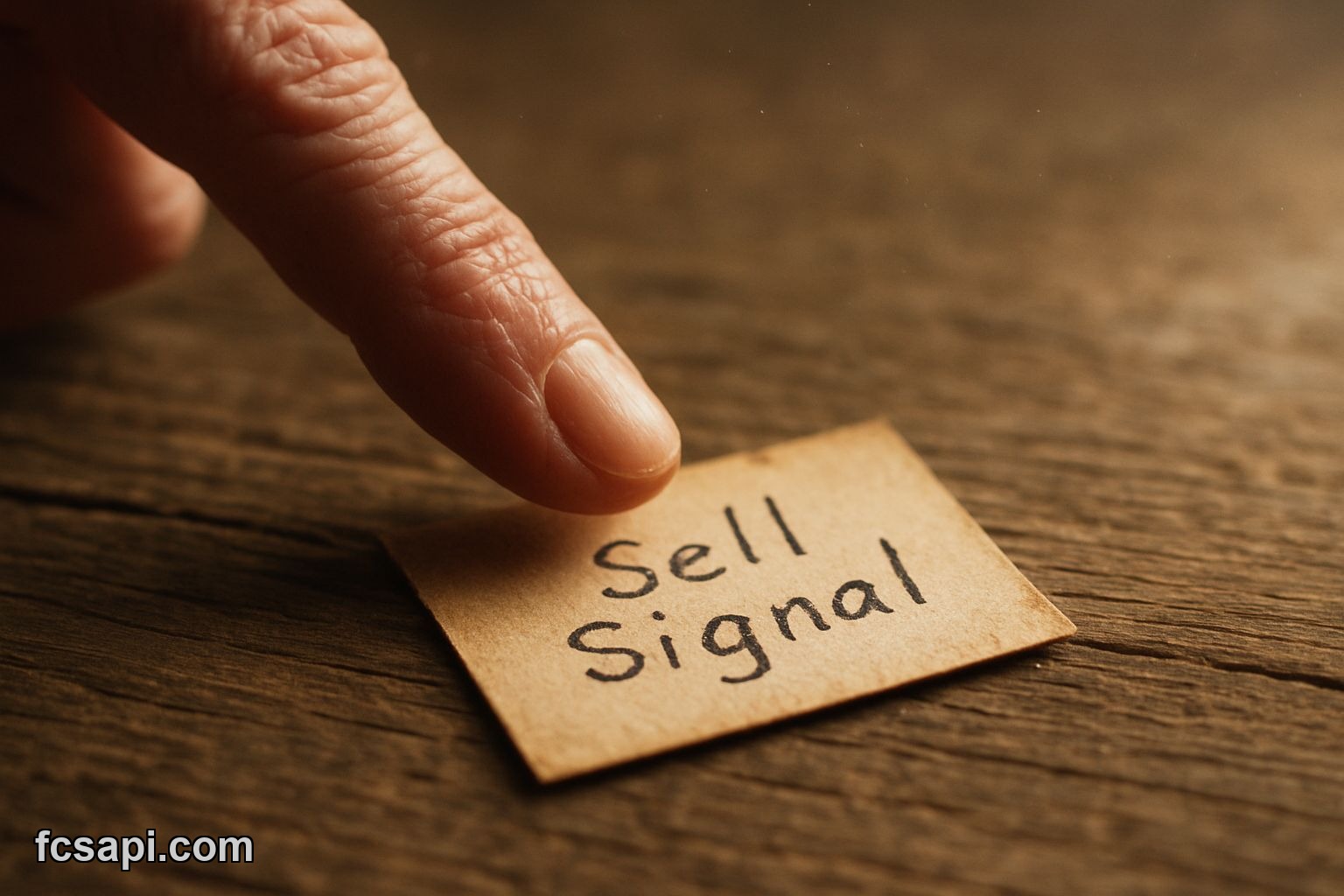 Finger hovering over a handwritten "Sell Signal" note.