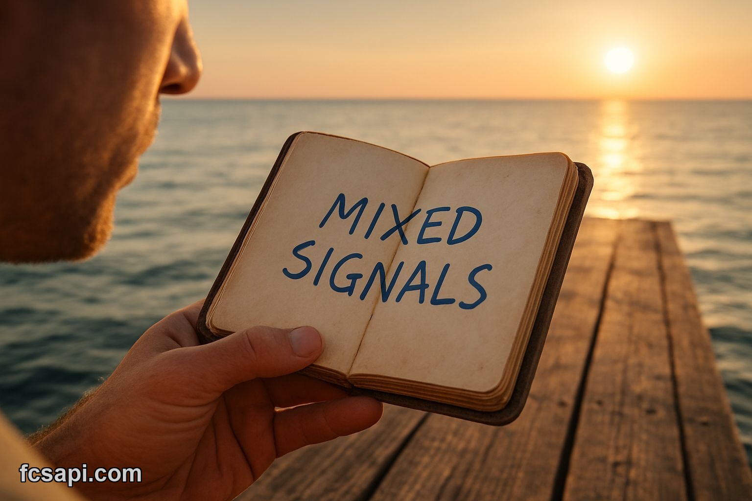 Hand holding notebook on dock, "MIXED SIGNALS?" written inside.