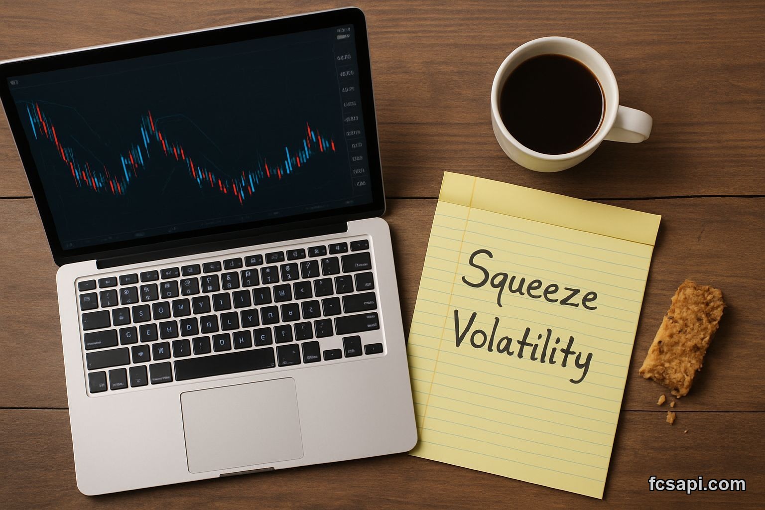 Trader's desk with a laptop showing a USDCNH chart with Bollinger Bands, a handwritten note, coffee, and a snack.