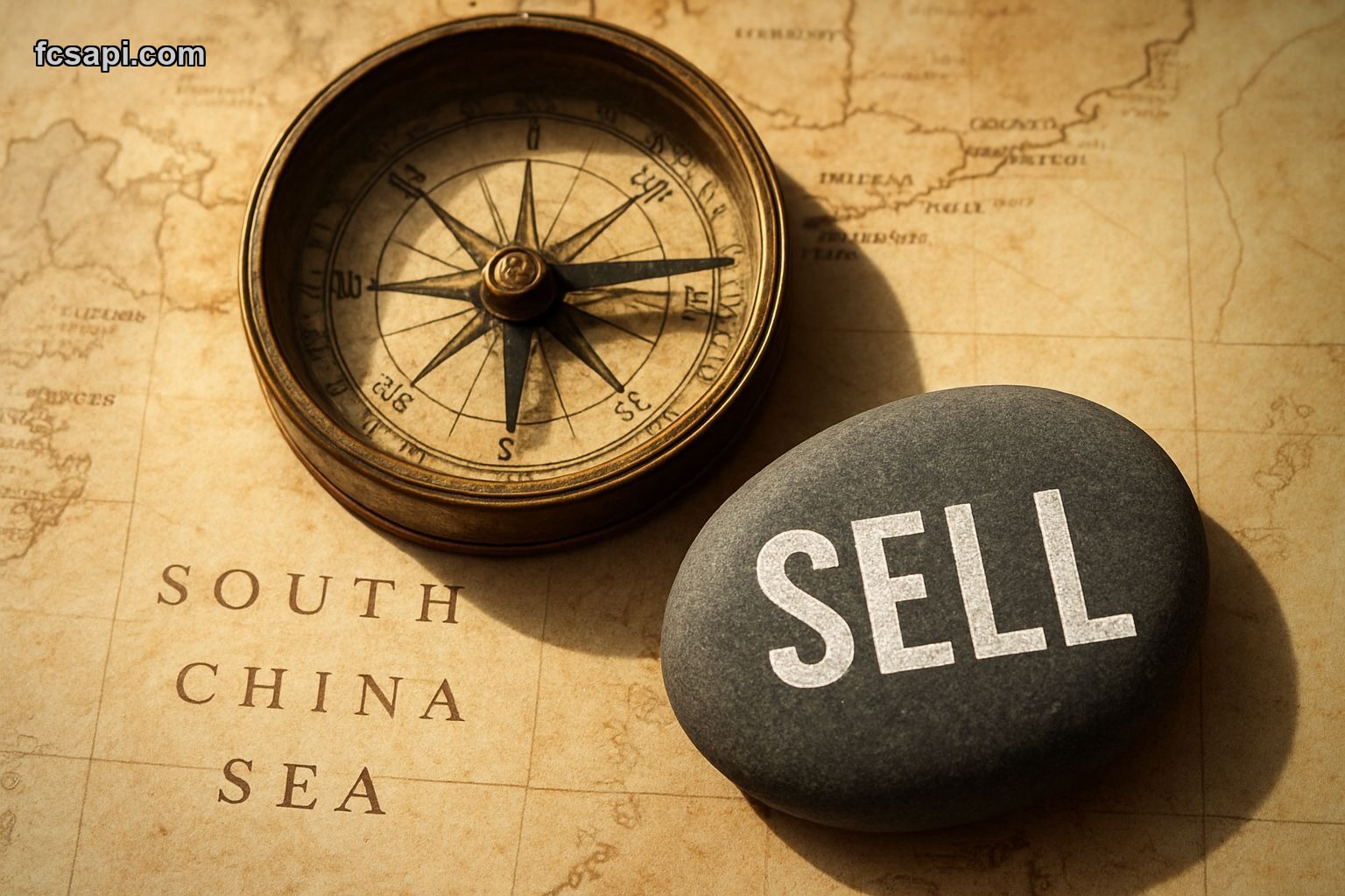 Compass on a map pointing down with "SELL" etched on a stone.