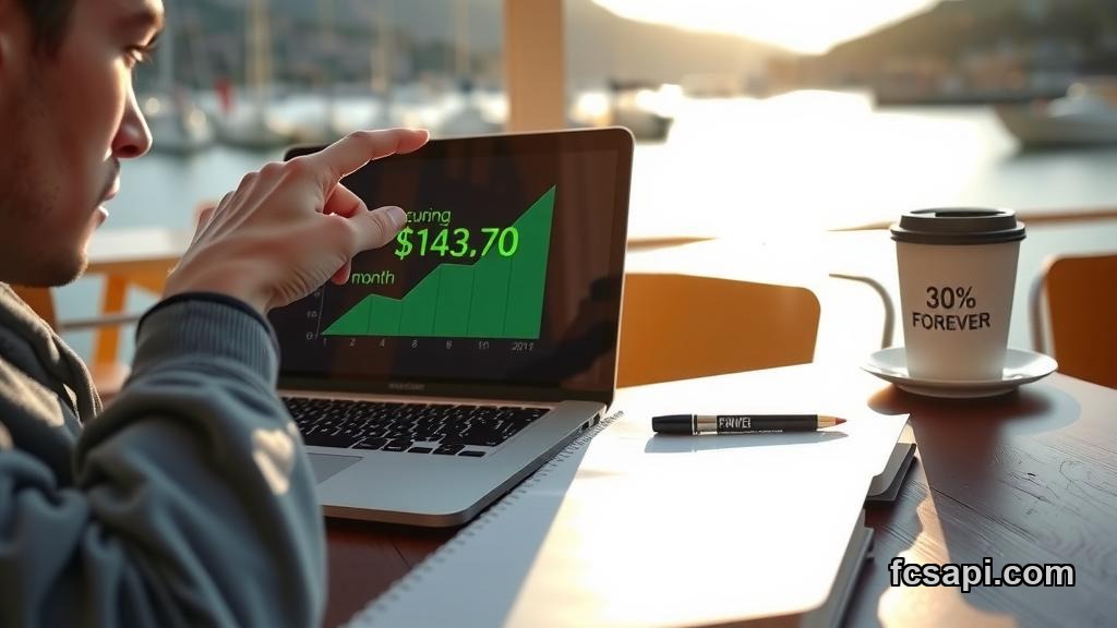 Developer reviewing FCS API affiliate recurring revenue on laptop