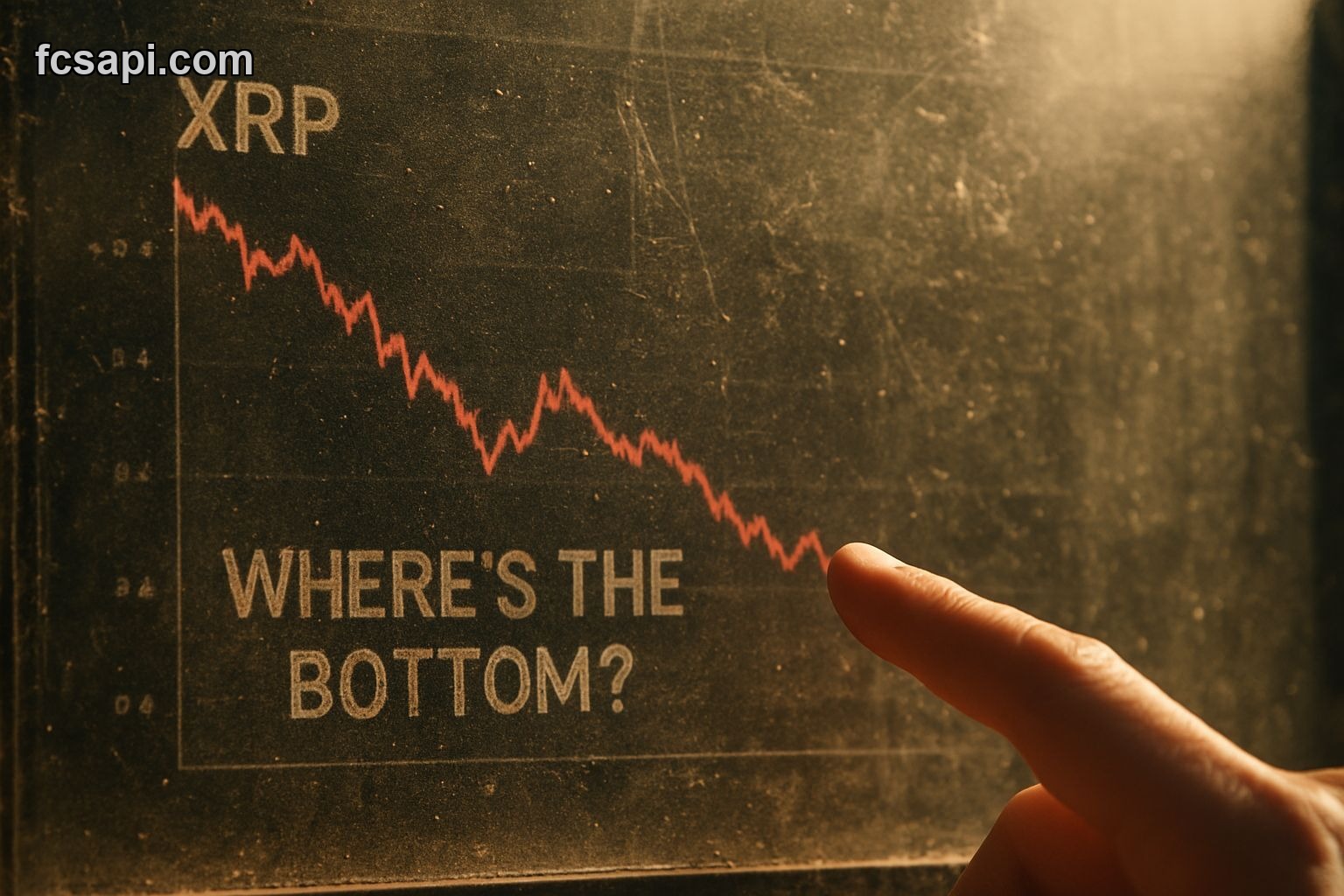 XRP price chart with "WHERE'S THE BOTTOM?" etched on screen, 1.4227 focus.