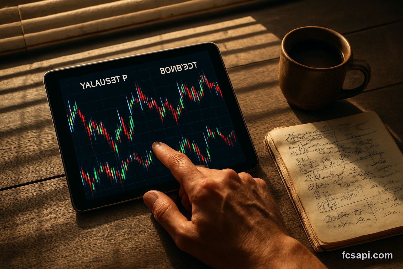 Trader analyzes conflicting YALA crypto chart signals on tablet screen
