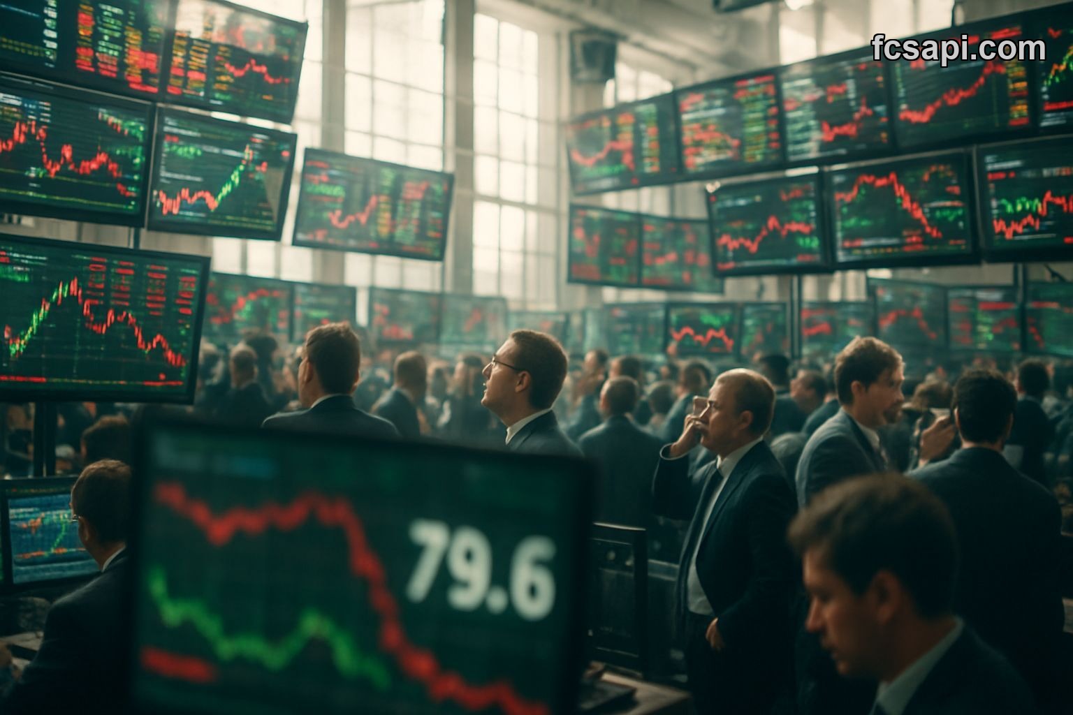 Blurred trading floor, screens showing conflicting market data.