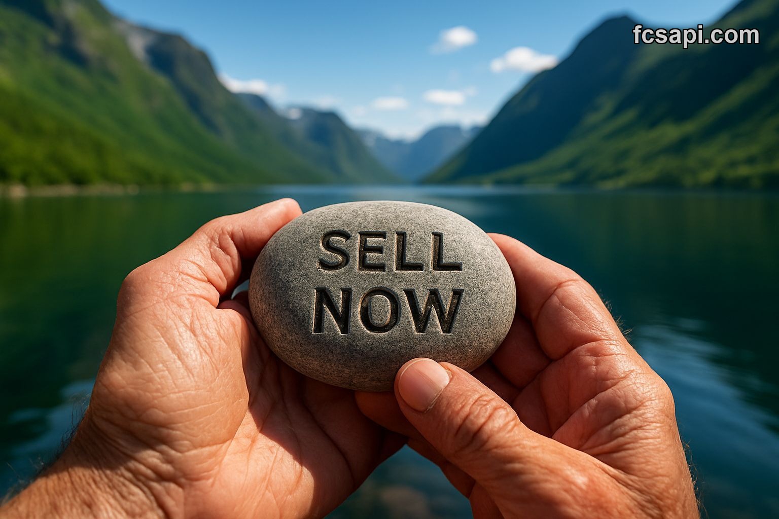 Person holding "SELL NOW" stone, Norwegian fjord background, Zalaris ASA.