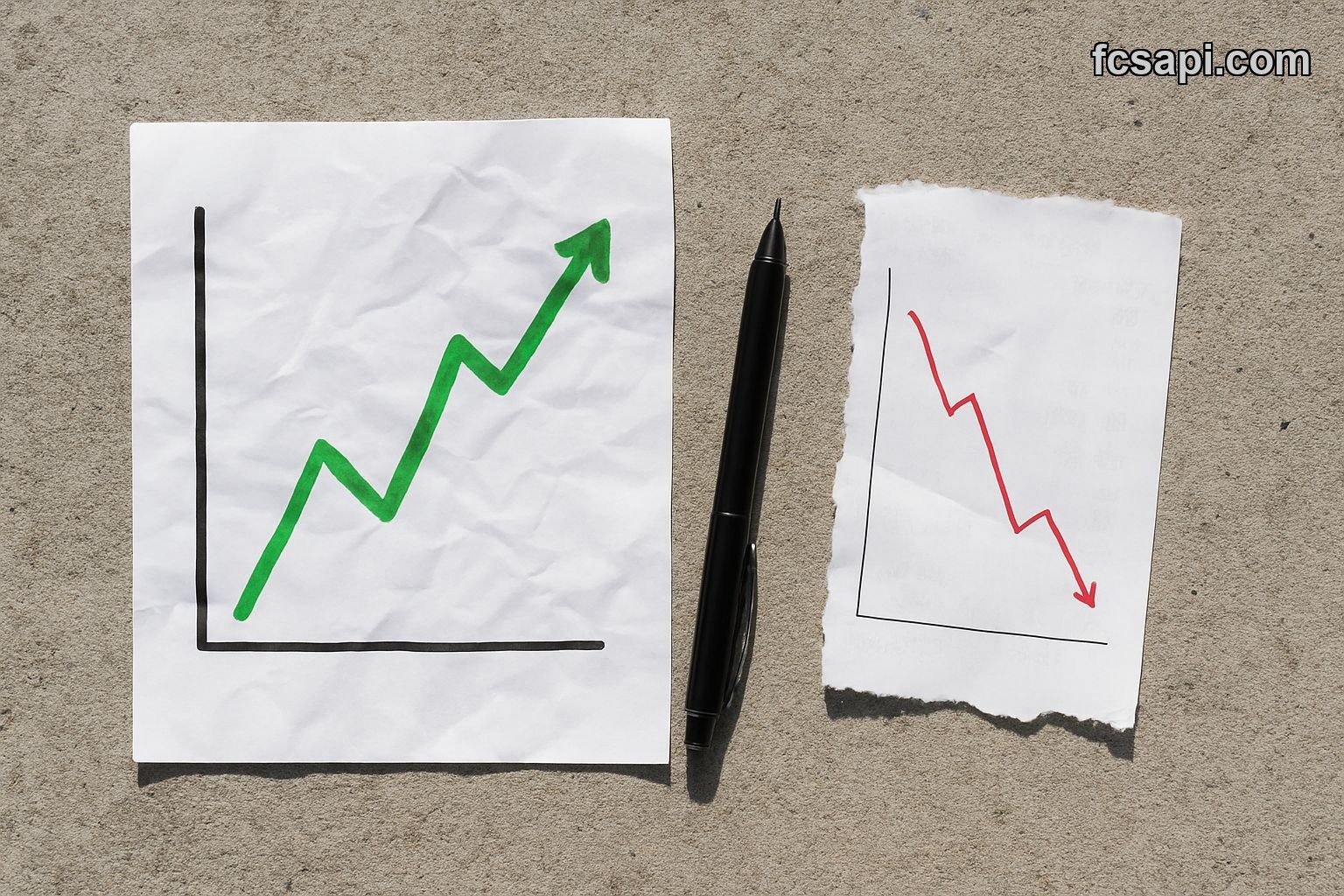 Flat lay of contrasting financial charts on concrete