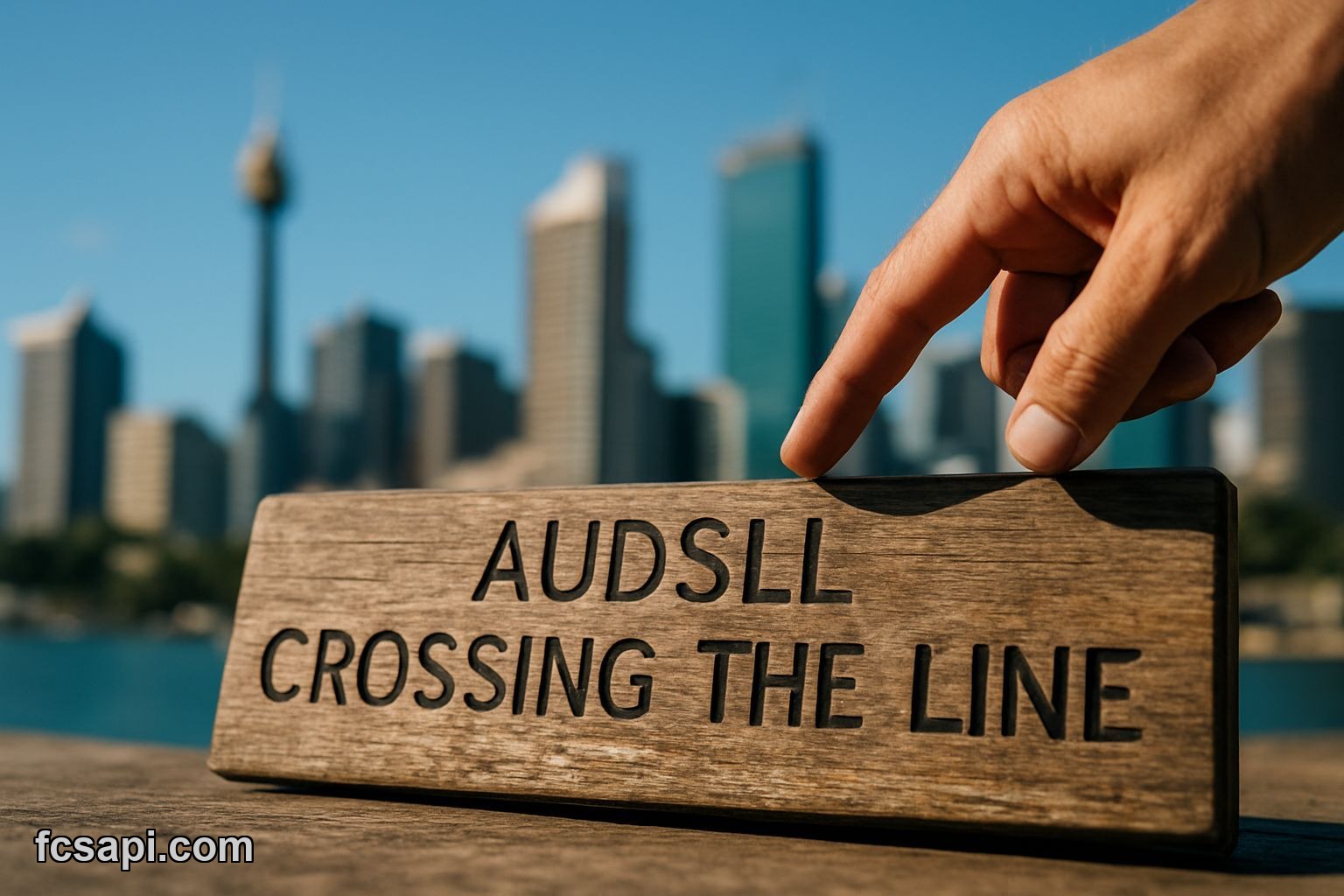 Hand pointing at AUDSLL chart on wooden block in Sydney