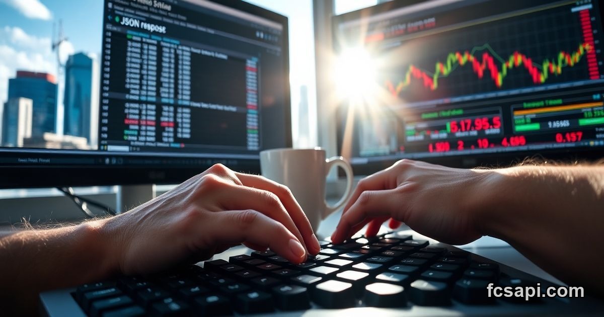 Programmer hands coding stock API integration on computer setup