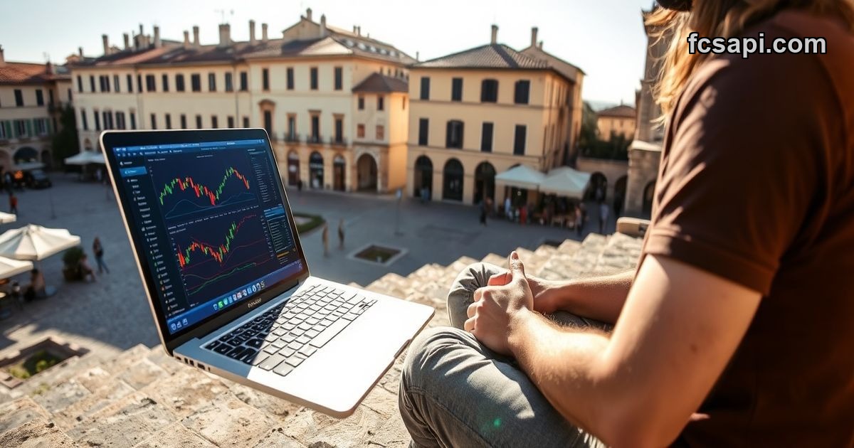 Developer using stock market API on laptop outdoors with code visible